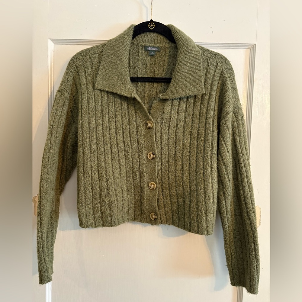 Wild Fable Olive Green Cropped Ribbed Button-Up Sweater